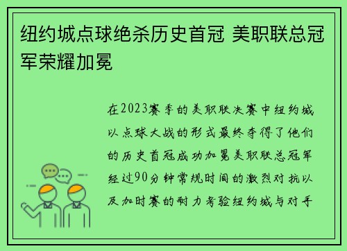纽约城点球绝杀历史首冠 美职联总冠军荣耀加冕